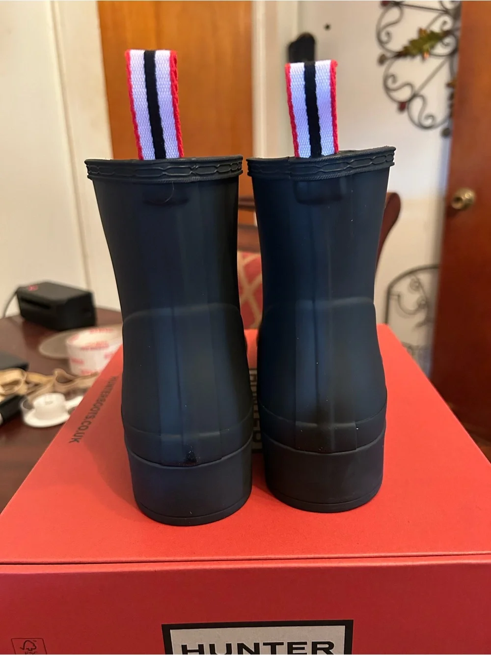 Hunter Black Short Rain Boots with Red-Trim Logo